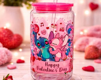 Stitch Angel Valentine Glass Cup with Lid & Straw – Iced Coffee Tumbler