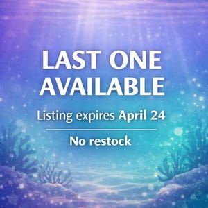 May include: An image with an underwater theme, featuring the text "LAST ONE AVAILABLE." Beneath, it states "Listing expires April 24" and "No restock." The background is a gradient of blues and purples, with light rays and coral.