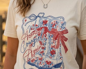 Make America Cowgirl Again Glitter T-Shirt | Patriotic Cowboy Boot Graphic Tee