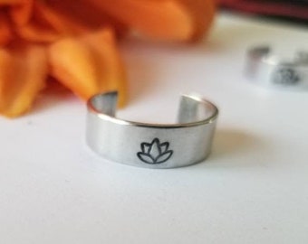 Lotus RING •Hand stamped ring •gift for her •Stackable ring •Statement band rings• flower ring Thumb ring •midi ring