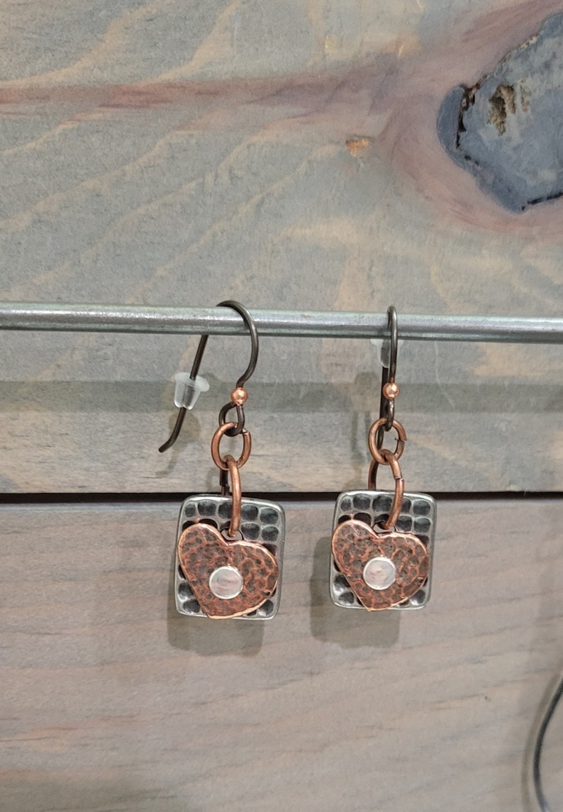 Copper Earrings dangle earrings Gifts for her Boho earrings heart earrings nature gifts Gift exchange gift silver earrings image 1