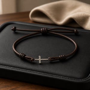 May include: A dark brown leather cord bracelet featuring a small, polished silver-tone metal cross charm at the center. The bracelet includes adjustable sliding knots on the cord, allowing for a flexible fit around the wrist for various sizes.