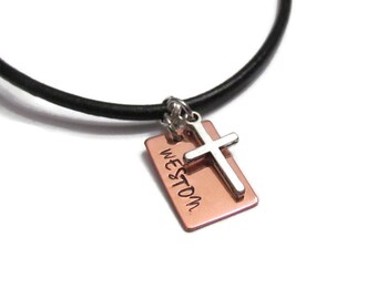 1st Communion• Boys Copper Necklace with Cross• custom name necklace •Leather Necklace• Confirmation gift for Boys• Personalized Necklace