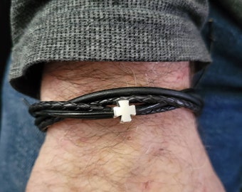 Mens Leather bracelet •braided Leather Bracelet with cross• Silver cross Bracelet• gifts for boyfriend