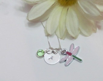 DRAGONFLY and INITIAL Necklace with Birthstone -Gift for her -flower girl necklace - girls necklace - Gift Box included - ReaDY to ShIP