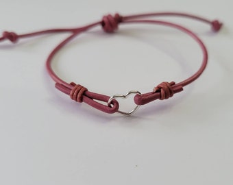 Heart Leather Bracelet •Unisex Stackable bracelets •Surfer• Simple Adjustable split knot •Girlfriend gift• Gift for her . long distance love