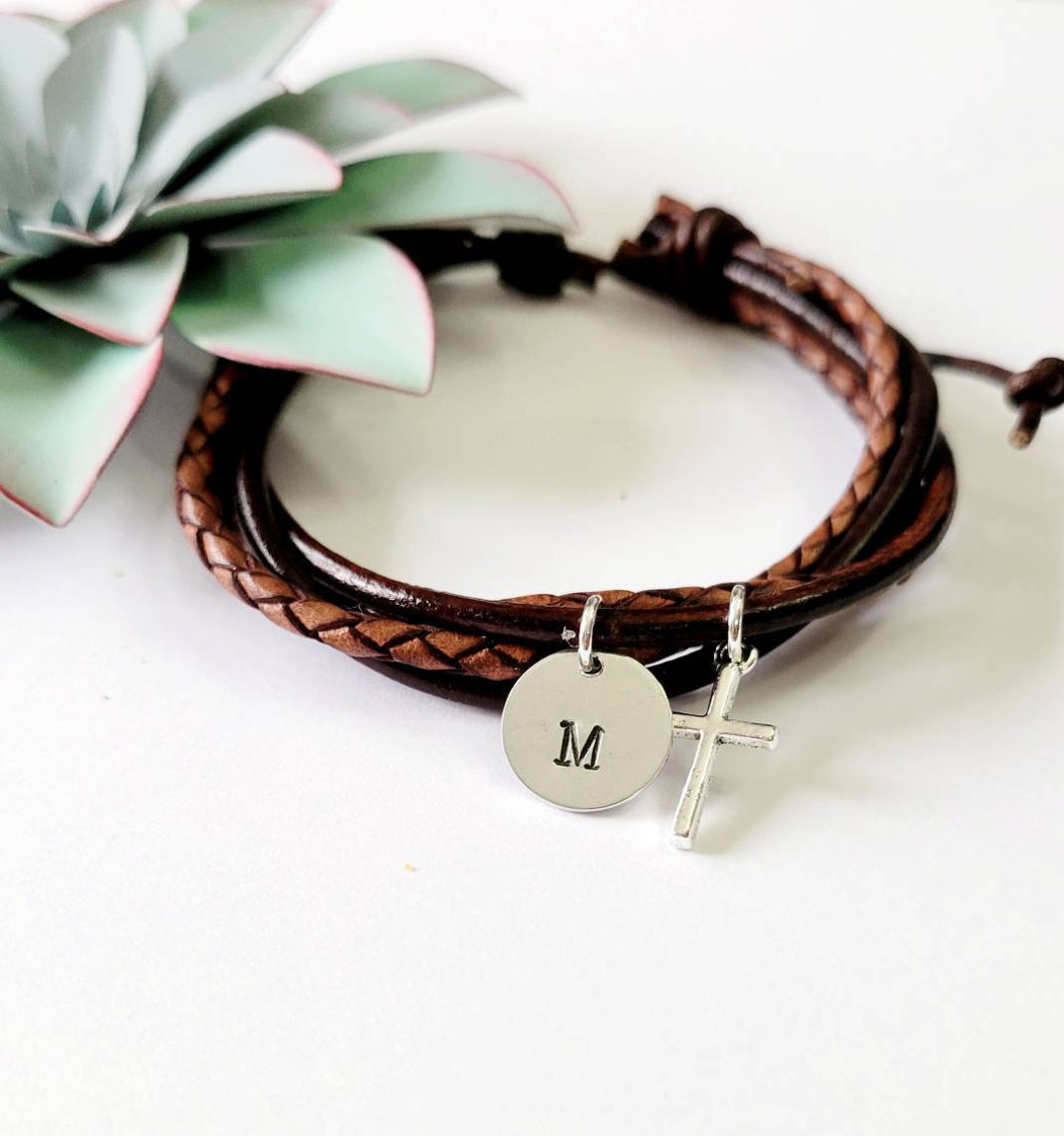 Boys Leather Bracelet Personalized Initial Silver Cross Bracelet