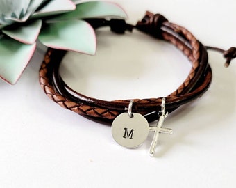 1st Communion gifts for boys •Boys Leather Bracelet with initial• Silver cross Bracelet• Confirmation gifts