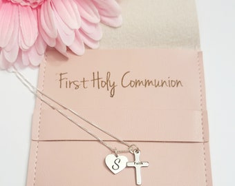 First Communion Necklace • Baptism gifts for girls • faith cross jewelry • personalized heart necklace • girls religious gift
