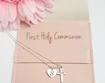 First Communion Necklace Baptism gifts for girls faith cross jewelry personalized heart necklace girls religious gift