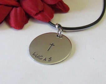 1st Communion Necklace with Cross • Boys Leather Necklace• Confirmation gift • Personalized Necklace• Baptism gift for boy