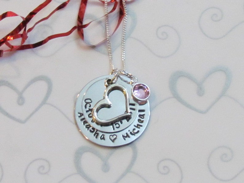 Couples Wedding Date Necklace Engagement Hand Stamped Necklace Personalized Bridal Shower Gift Gift box Included image 1