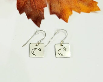 Moon and Star Earrings •  Silver•  Gifts for her • celestial gifts • xmas gifts • silver earrings • Gift exchange gift • square earrings