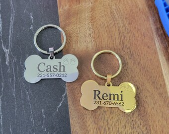 Engraved Steel Dog Tag • Personalized pet tag • dog bone tag • Pet gifts • Gold or Silver dog id tag • Dog owner gifts