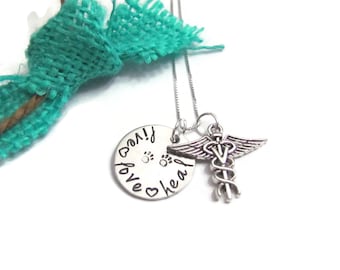 Vet Tech  Necklace • Hand Stamped Necklace • live love heal• Vet Caduceus •Veterinary Necklace •Sterling Silver chain - gift box included