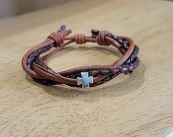 Boys Leather Bracelet with cross • Silver cross Bracelet• Confirmation gifts • son gifts • Brother gifts