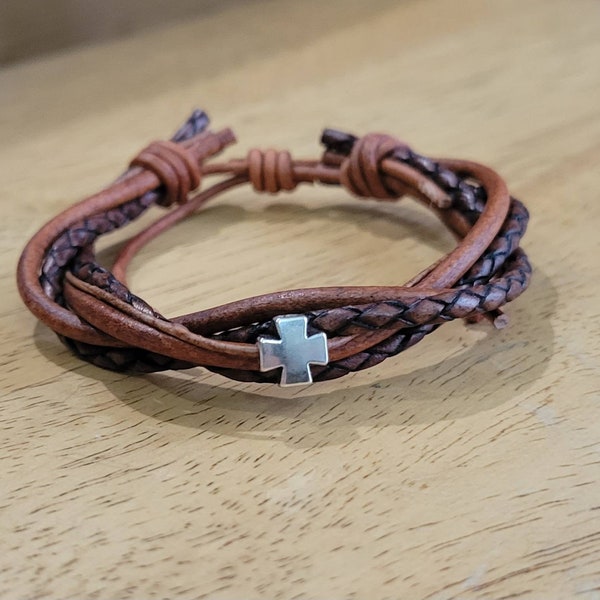 Boys Leather Bracelet with cross • Silver cross Bracelet• Confirmation gifts • son gifts • Brother gifts