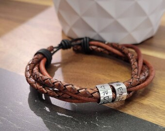 Mens Leather Bracelet• personalized names• family name •name bracelet• gift for men•  boyfriend•  husband•  Dad •fathers day