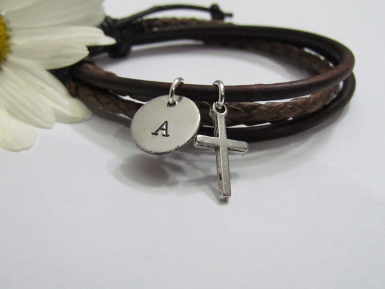 1st Communion gifts for boys •Boys Leather Bracelet with initial• Silver cross Bracelet• Confirmation gifts 