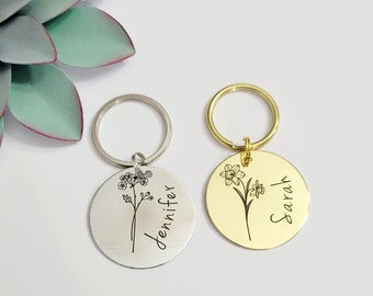 Birth month flower keychain for wife gift personalized floral custom engraved key chain for daughter gift mothers day