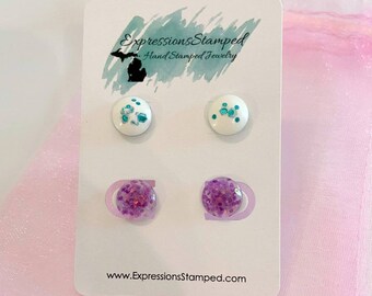 Clay earrings • lightweight • TWO pack Round Stud Earrings • Turquoise/white round studs • Polymer Clay earrings • Gifts for her • Gift bag