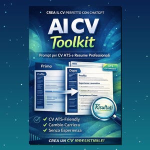 Può includere: Un grafico promozionale blu e bianco per "AI CV Toolkit" con il testo "Crea il CV perfetto con ChatGPT". L'immagine mostra un confronto del curriculum vitae prima e dopo, con una lente d'ingrandimento sulla parola "Risultati".