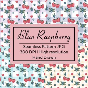 Può includere: Un motivo senza cuciture con lamponi rossi e mirtilli blu disegnati a mano su uno sfondo a quadri. Un rettangolo rosa contiene il testo: Blue Raspberry, Seamless Pattern JPG, 300 DPI, High resolution, Hand Drawn.