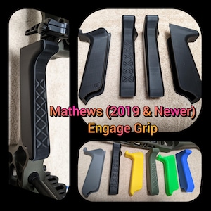May include: A collection of Mathews Engage Grips in various colors, including black, gray, yellow, green, and blue. The grips are designed for bows and feature a textured surface for enhanced grip. The text "Mathews (2019 & Newer) Engage Grip" is also visible.