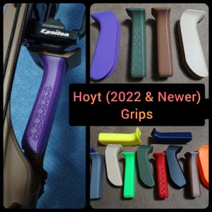Może przedstawiać: Kolekcja uchwytów Hoyt (2022 i nowsze) w różnych kolorach, w tym fioletowym, zielonym, brązowym, białym, żółtym, niebieskim, czerwonym i pomarańczowym. Uchwyty mają różne wzory i tekstury, z tekstem "Hoyt (2022 & Newer) Grips".