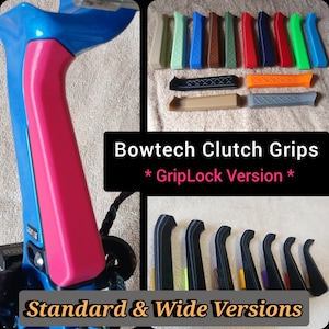 May include: A blue and pink Bowtech Clutch Grip with the text "Bowtech Clutch Grips * GripLock Version * Standard & Wide Versions". Assorted colored grips are also displayed, including green, blue, red, and orange.