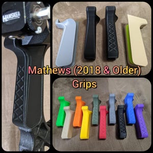 May include: A collection of Mathews (2018 & Older) grips in various colors, including black, gray, green, orange, yellow, red, blue, and purple. The image shows different grip designs, some with textured patterns. The text "Mathews (2018 & Older) Grips" is displayed.