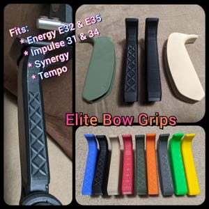 May include: A collection of Elite Bow Grips in various colors, including black, blue, green, and tan. The grips have textured patterns and are designed to fit Energy, Impulse, Synergy, and Tempo bows. The text "Elite Bow Grips" is also visible.