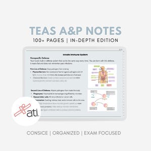 May include: A digital tablet displays "TEAS A&P NOTES" with "100+ PAGES | IN-DEPTH EDITION." The screen shows notes on the "Innate Immune System," diagrams, and the ATI logo. The text at the bottom reads "CONCISE | ORGANIZED | EXAM FOCUSED."