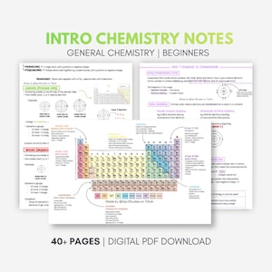Puede incluir: Notas de introducción a la química para principiantes, con diagramas y explicaciones detalladas. Las notas incluyen una tabla periódica, diagramas de estructuras atómicas y explicaciones de enlaces químicos. El texto dice "40+ PAGES | DIGITAL PDF DOWNLOAD".