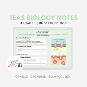Può includere: Un tablet digitale mostra "TEAS BIOLOGY NOTES" con "45 PAGES | IN-DEPTH EDITION." Lo schermo mostra "Active Transport" con diagrammi e testo che spiegano i tipi di trasporto attivo. Il logo ATI è in basso a sinistra. Il testo "CONCISE | ORGANIZED | EXAM FOCUSED" è in basso.