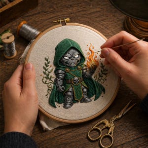 May include: An embroidery hoop featuring a detailed, stitched image of a character in a green hooded cloak and metallic armor, holding a flame. The embroidery is set against a neutral fabric, with gold scissors and thread spools nearby.