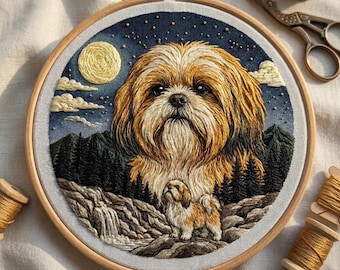 Kit de bordado Shih Tzu - Perro y cachorro en paisaje montañoso nocturno - Regalo para amantes de las mascotas - Manualidad relajante para hacer tú mismo