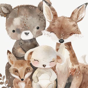 May include: Watercolor illustration of a bear, two foxes, and a lamb. The animals are in shades of brown, tan, and white, with gentle expressions. The artwork has a soft, whimsical style, perfect for nursery decor or children's art.