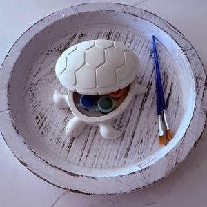 May include: A white, turtle-shaped paint container with a hinged shell, holding small paint pots in blue, red, and green. Two paintbrushes with blue handles and orange bristles rest beside it on a distressed white wooden tray.