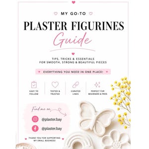Puede incluir: Una guía digital titulada MY GO-TO PLASTER FIGURINES GUIDE con texto sobre consejos, trucos y elementos esenciales. El documento presenta iconos para fácil de seguir, probado y confiable, enlaces seleccionados, niveles principiante y pro, y redes sociales.