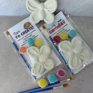 May include: White butterfly-shaped plaster craft kit with paint and brushes. The kit includes paint pots in various colors and the text "Time to Create!" and "It's my Birthday" on the packaging. A fun DIY painting activity.