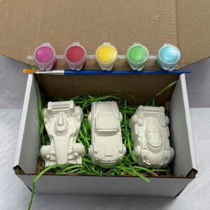 May include: A paint-your-own car kit with three unpainted car models, five paint pots in pink, red, yellow, green, and blue, and a paintbrush. The kit is presented in a white box with green filler.