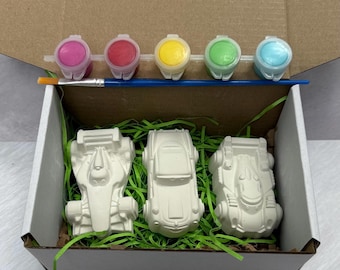 Plaster Sports Cars Paint Kit – 3 DIY Craft Figurines with Paint, Brush