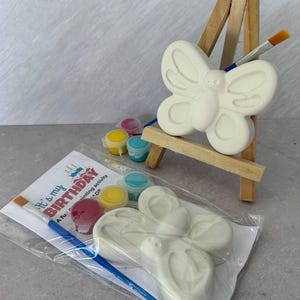 May include: A butterfly-shaped ceramic figurine on a miniature wooden easel, with a paintbrush and small paint pots. A second butterfly figurine is in a clear plastic bag, along with a paint set and a card that reads "It's my BIRTHDAY".
