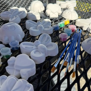 May include: A collection of unpainted ceramic figurines in various shapes, including butterflies, hearts, and ladybugs. Small paint pots with assorted colors and several blue-handled paintbrushes are also present, suggesting a DIY craft kit.