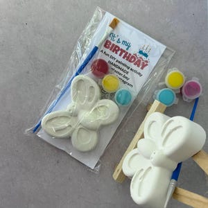 May include: A DIY painting kit for a butterfly-shaped plaster figure. The kit includes paint pots in red, yellow, teal, and pink, along with a paintbrush. The packaging reads "It's my BIRTHDAY" with a cake illustration.