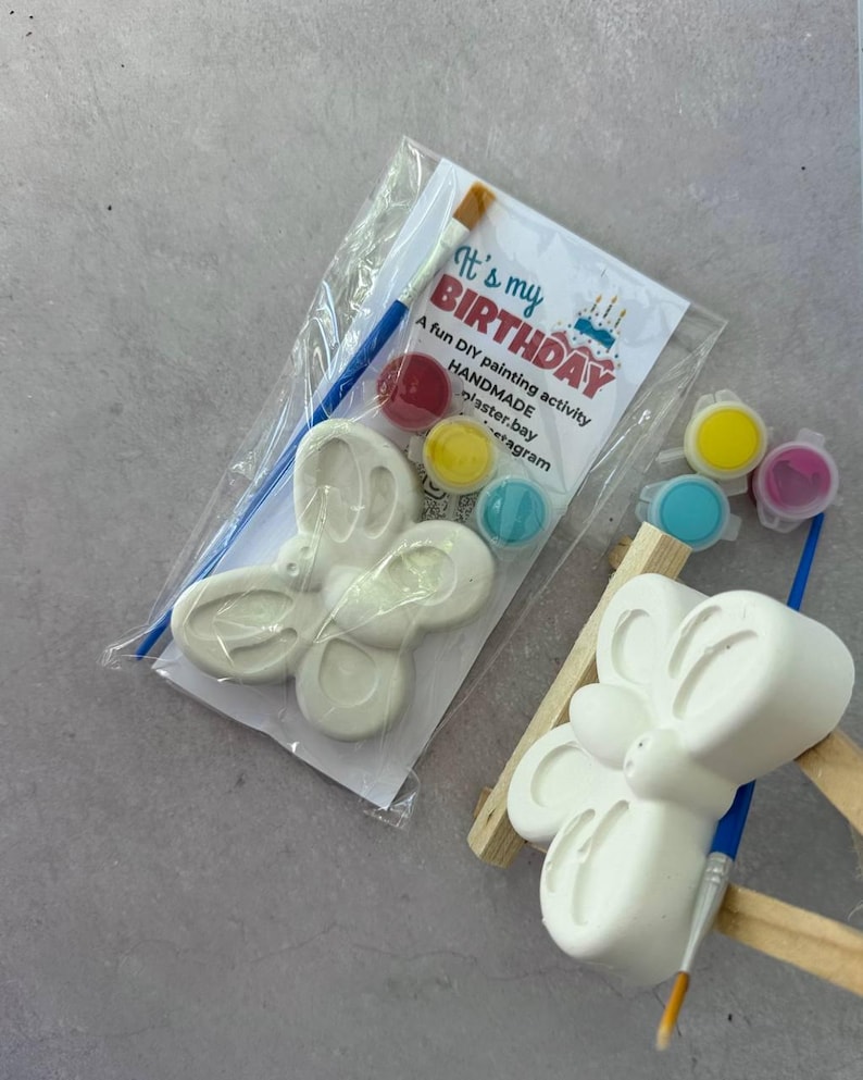 May include: A DIY painting kit for a butterfly-shaped plaster figure. The kit includes paint pots in red, yellow, teal, and pink, along with a paintbrush. The packaging reads "It's my BIRTHDAY" with a cake illustration.