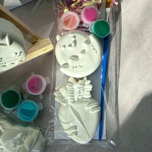 May include: A craft kit with plaster shapes, including a heart and a moon, and small paint pots in pink, green, and blue. A blue paintbrush is included. The kit is packaged in a clear plastic bag.