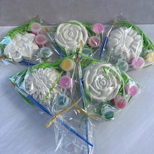 May include: Several flower-shaped plaster castings, including roses and daisies, are packaged in clear cellophane. Each package includes small paint pots and a paintbrush. The kits are tied with gold ribbon and green decorative grass.