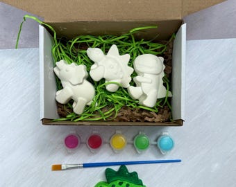 Dinosaur Paint Kit | 3 Plaster Figurines, 5 Paints, Brush